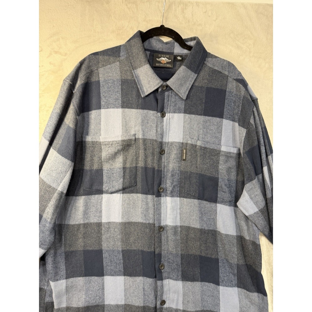 Harley Davidson Plaid Flannel Shirt Mens 2XL Blue Gray Embroidered Logo Buttons
